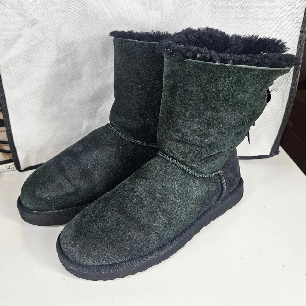 UGG Australia Bailey Bow II Double Black Suede Sheepskin Boots 1002954 Womens 8